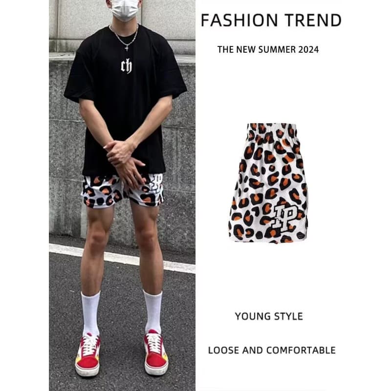 Leopard Print Sports Shorts Men's American Style Retro Basketball Pants Fake Two-Piece Mesh Breathable Quick-Dry Training Quad Pants Summer