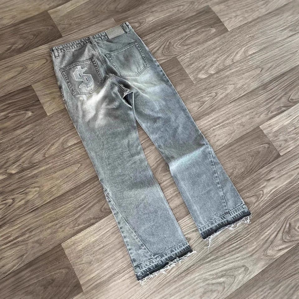 Cross-border AliExpress American high street washed vintage jeans distressed letter embroidery men's and women's wide-leg raw edge pants