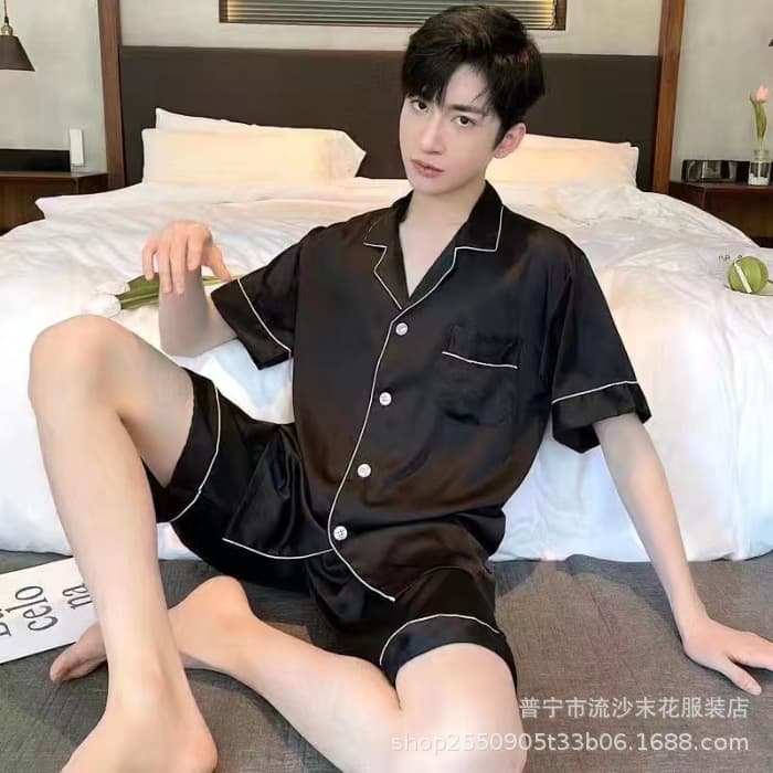Overseas Packaging Plus Size Ice Silk Men's Pajamas Summer Short Sleeve Thin Luxury Loungewear Imitation Silk Set