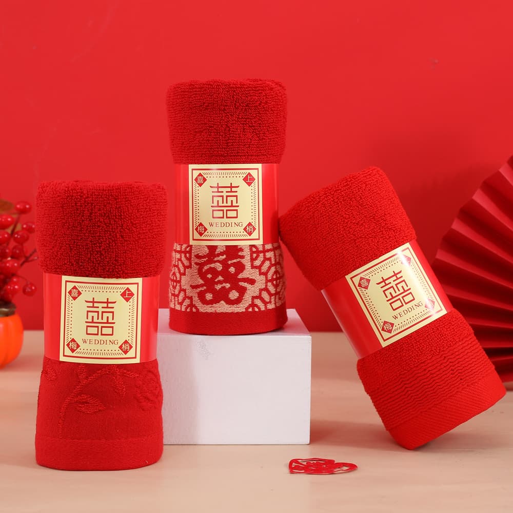 Double Happiness Character Towel Red Wedding Towel for Marriage Dowry, Engagement Banquet, and Candy Return Gifts