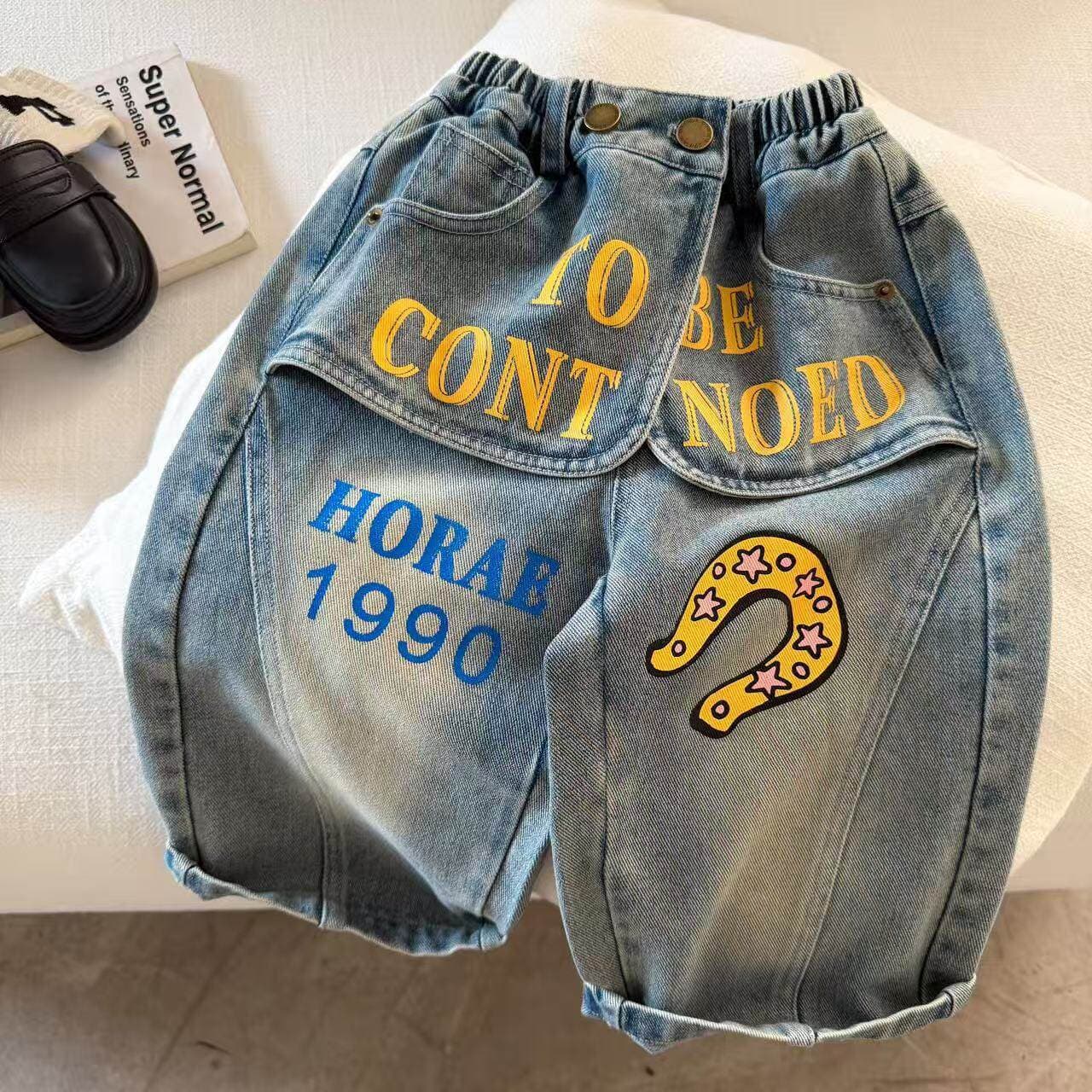 Kids' Pants 26 Spring/Summer New Style American Print Jeans for Boys and Girls, Trendy Streetwear Casual Straight-Leg Pants