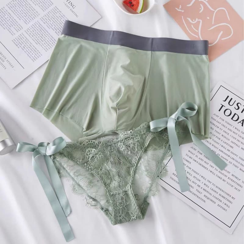 White Couple Underwear Set Summer Ice Silk Lace Suit Cute Color Men's Boxer Women's