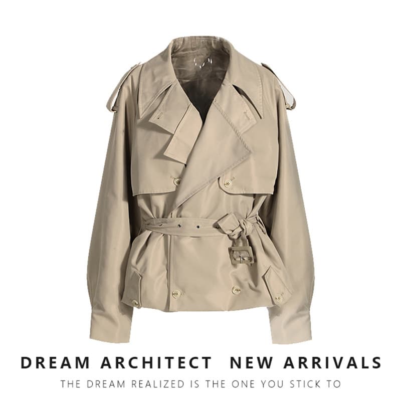 French-style coat, spring 2025, simple and stylish workwear feel, loose and oversized double-breasted short belted trench coat.