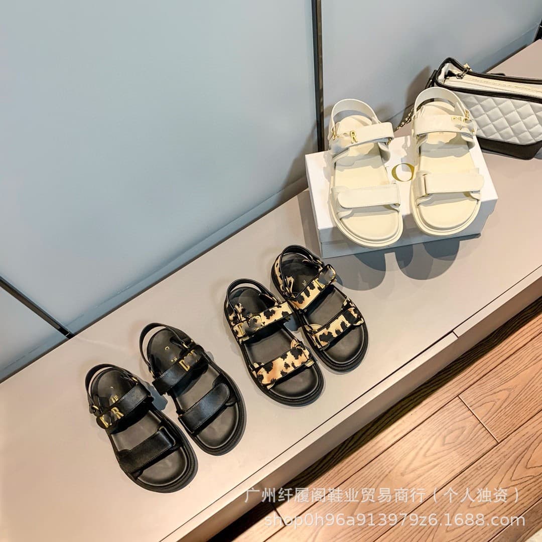 D's Genuine Leather Velcro Sandals Women Summer 2024 Fashion One-Strap Beach Shoes Elevated Temperament Fairy Sandals