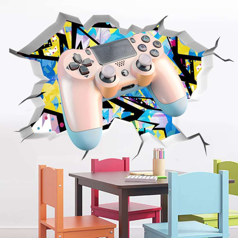 Game Controller Wall Sticker 3D Broken Wall Effect Game Console Sign Poster Player Wall Sticker Boy Cartoon Decal PVC