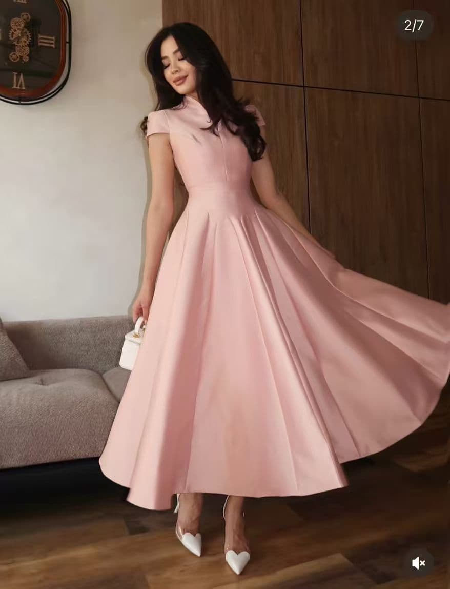 2026 Summer New European and American Amazon Cross-border Export Women's Dress Stand Collar Waist Pink Elegant Dress