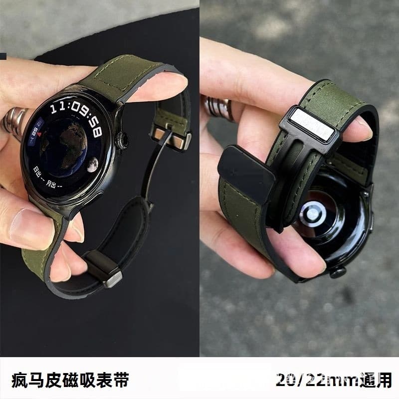 Wow, it is suitable for Samsung Huawei Apple watch strap, crazy horse leather magnetic buckle silicone watch strap, Huawei GT2/3 watch strap