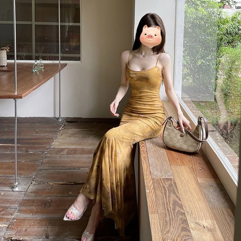 2026 Summer Tea Break French Bow Print Dress Vintage Style New Strapless Waist Fairy Long Dress