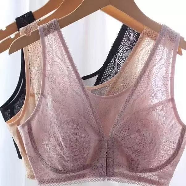 Cross Border Ultra Thin Front Closure Rabbit Ear Cup Lace Wirefree Bra Women Breathable Big Chest Look Small Seamless Comfortable Bra