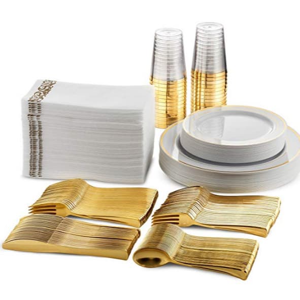 350 700PCS Set Disposable Dinner Plates Gold Rim Plates Wine Glasses Knife Fork Spoon Hollow-out Plates PS Hard Plastic Tableware Cross-border