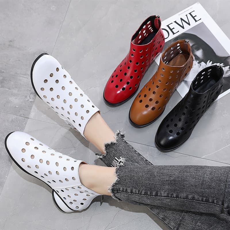 Genuine Leather Mid-Heel Hollow Boots Women 2024 Summer New Style Genuine Leather Martin Boots Breathable Hole Retro Chunky Heel Sandal Boots