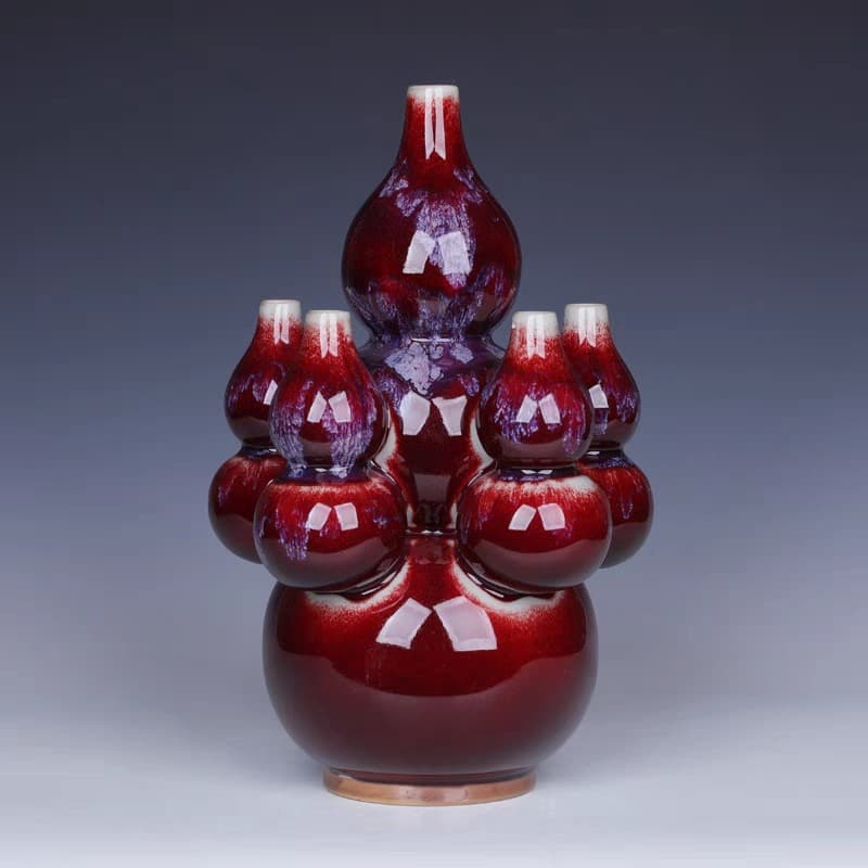 Jingdezhen Ceramics, Red Five Blessings Gourd Jun Porcelain Vase, Open Mouth Living Room Home Decor, Large Craft Item