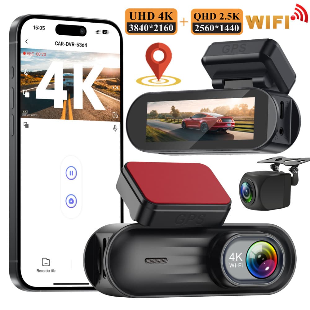 New 4K Dash Cam Built-in GPS Front 4K Rear 2K HD Wide Angle Night Vision Phone Connectivity 3.19 Car