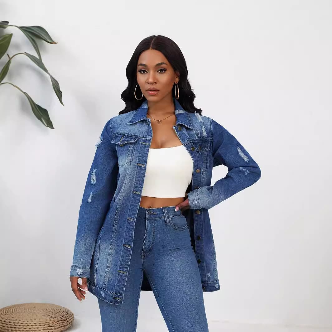 2024 New Fashion Street Ripped Denim Mid-Length Jacket Washed Trendy Long Sleeve Coat Wholesale