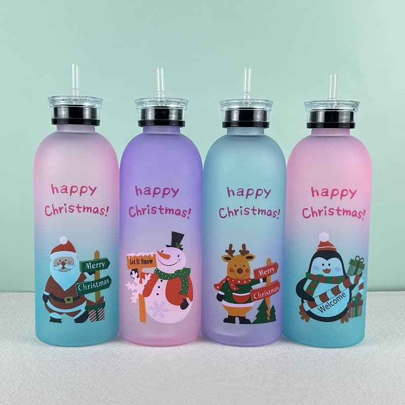 Christmas Cartoon Portable Outdoor Sports Water Bottle with Straw, Double Lid, Snowman Design, Student Children's Plastic Cup