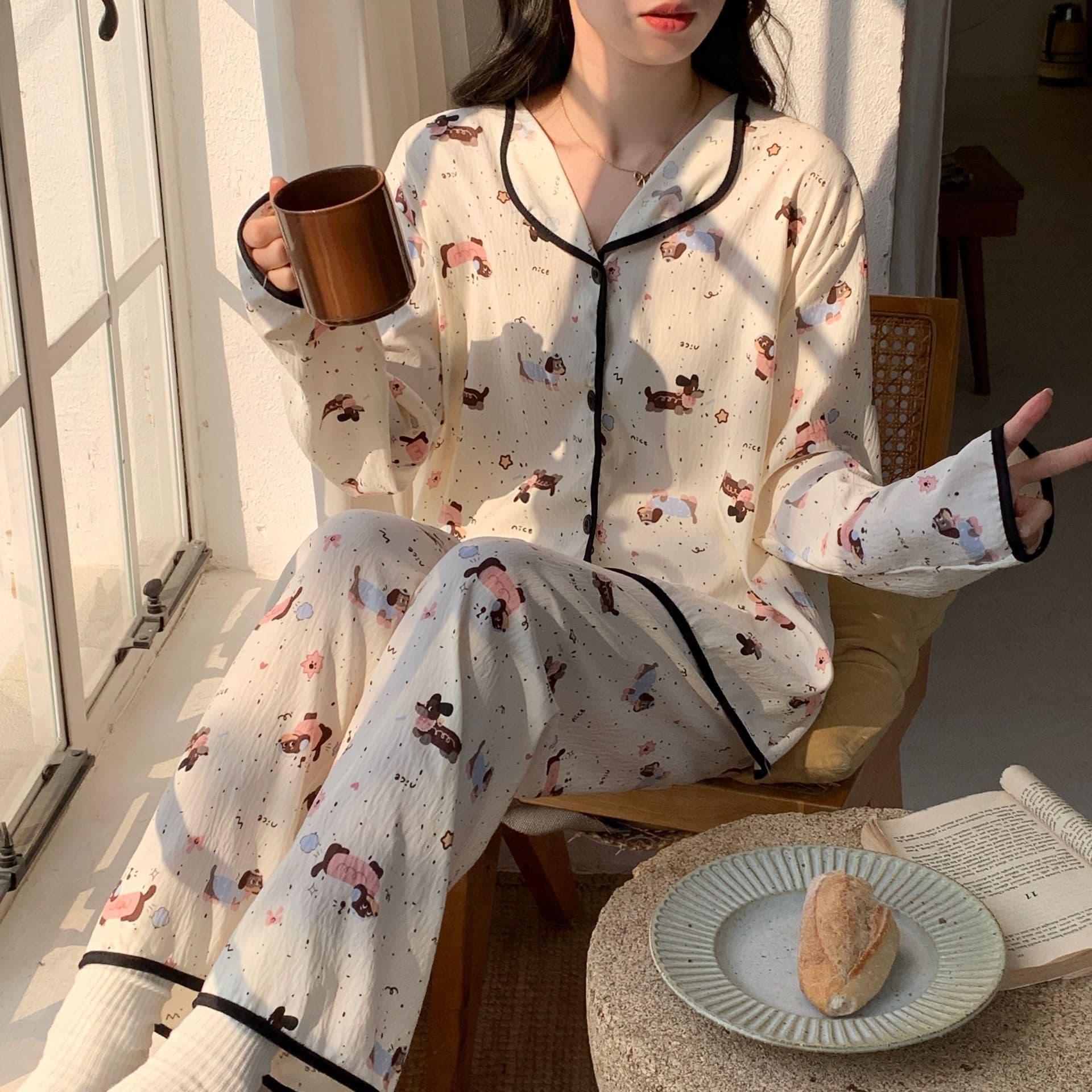 Cartoon Dachshund Pajamas for Women Long Sleeve Spring Autumn Cloud Cotton Gauze Set Cute Cartoon Loungewear Summer