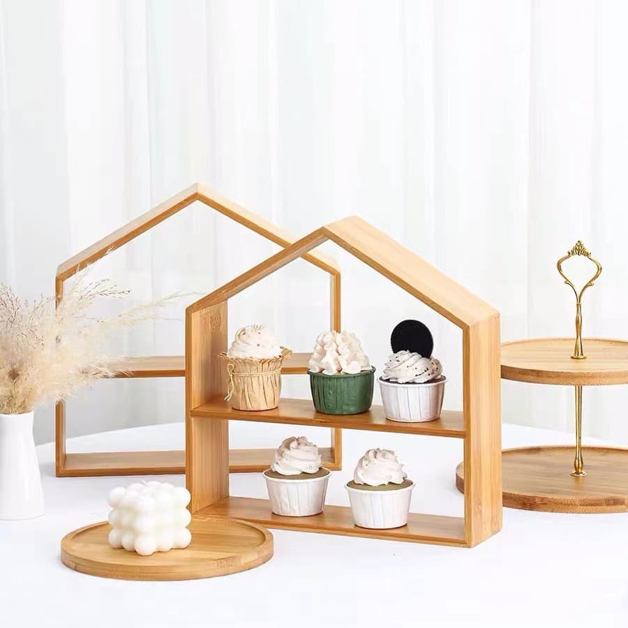 Forest-style Dessert Stand Creative Bamboo Wooden House Small Cake Display Rack Birthday Wedding Dessert Display Table