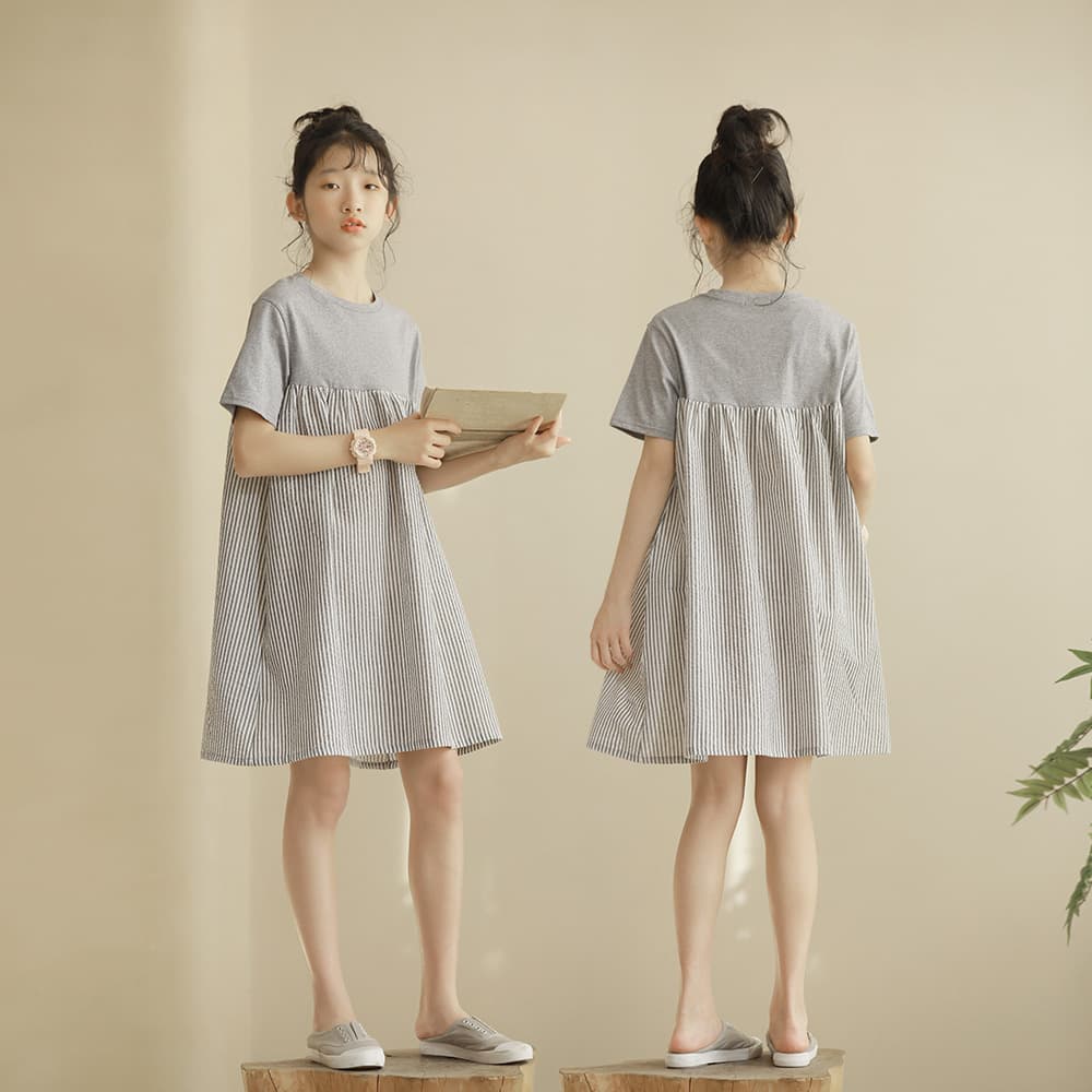 Loose Knitted Striped T-Shirt Dress for Big Girls Gray and White Patchwork A-Line Skirt Children's Clothing Cotton Summer Dress