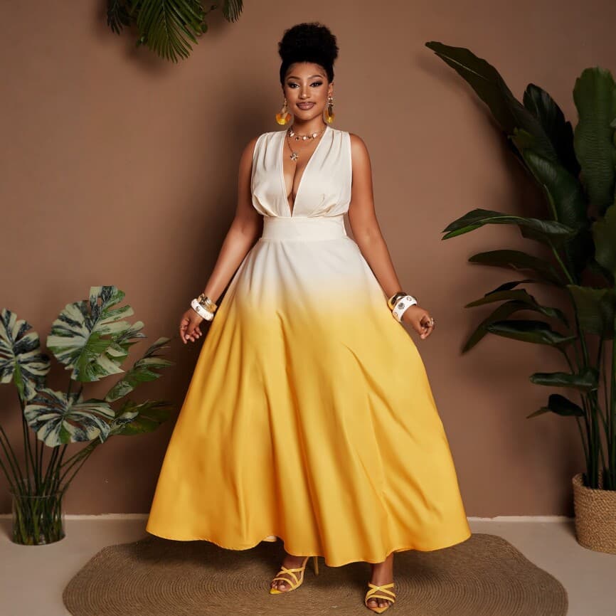 European and American cross-border 2026 Amazon new large size V-neck gradient waist long skirt elegant temperament dress
