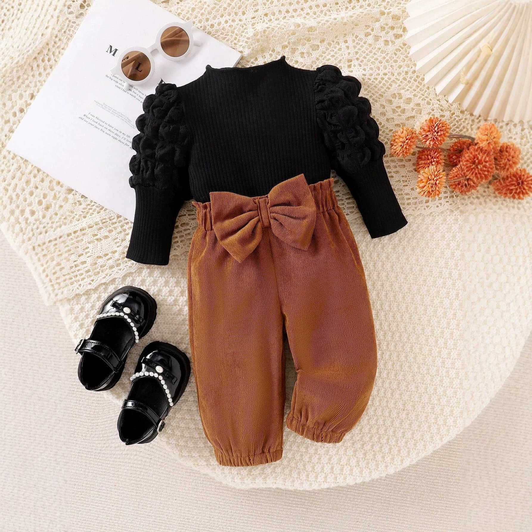 Yunbo Beibei Cross-border Children's Clothing Autumn/Winter Girls' High Collar Puff Sleeve Top with 3D Large Bow and Long Pants Two-Piece Set