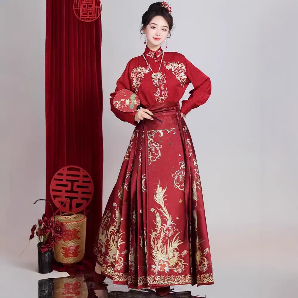New Chinese Style Golden Phoenix Brocade Horse Face Skirt Ming Dynasty Hanfu Toast Dress National Style Red Embroidery Festive Wedding Dress