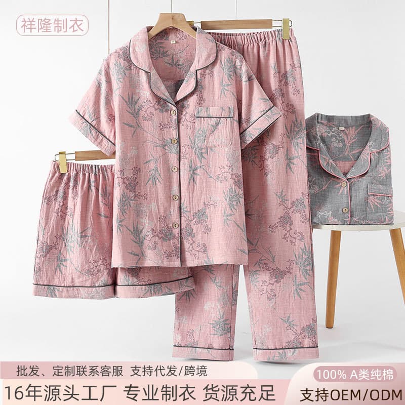Custom Women's Cotton Pajamas Three-Piece Set Summer Short Sleeve Long Pants Homewear Can Be Worn Out Loose Plus Size Women's Clothing