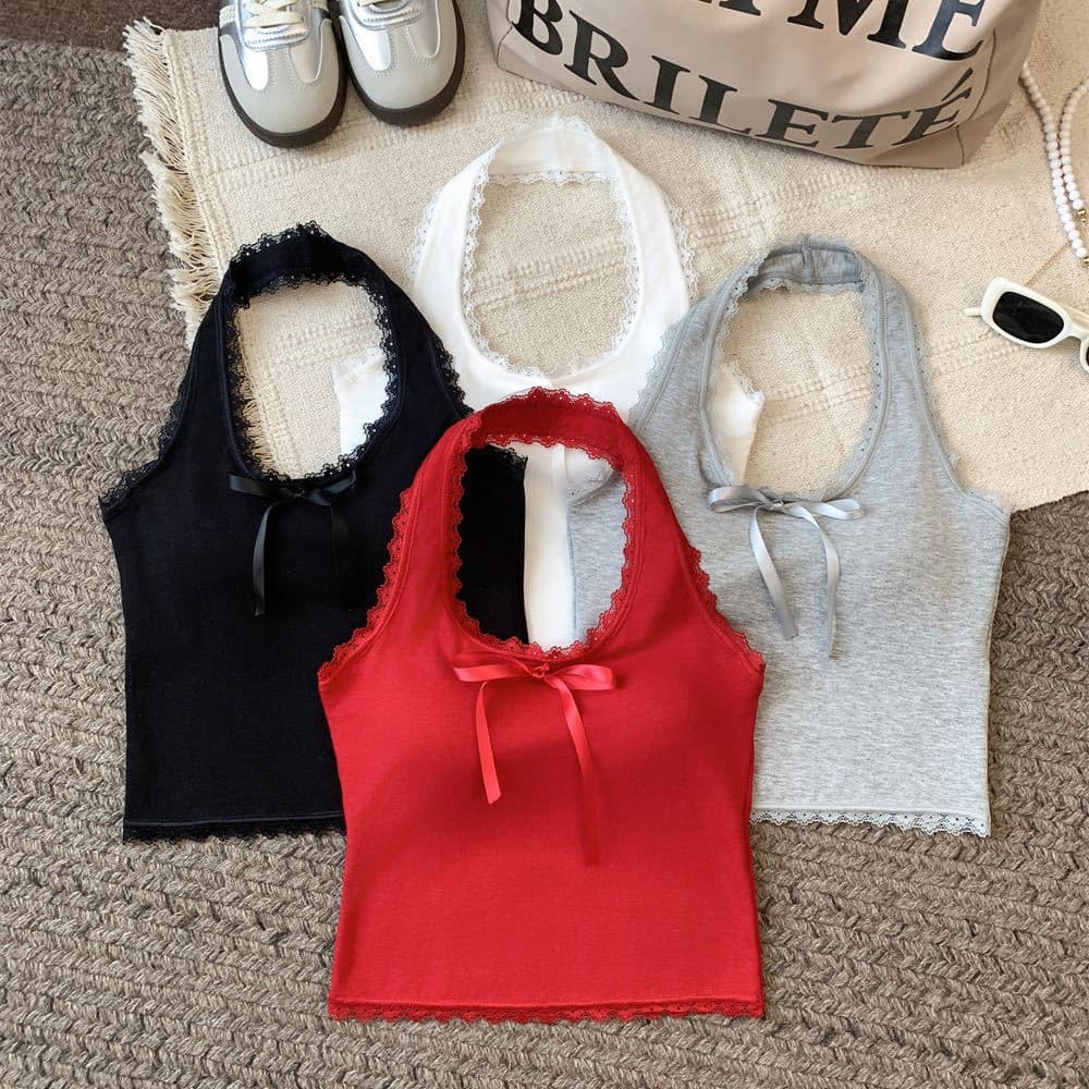 Pure Desire Backless Lace Panel Halter Camisole Vest French Bow Exquisite Short Layering Sleeveless Top