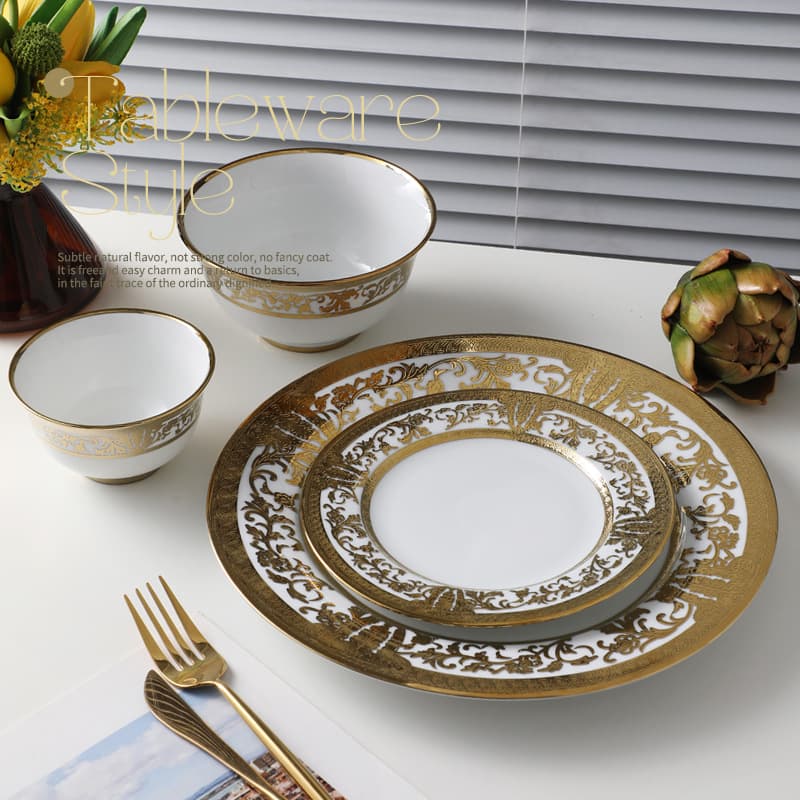 Modern Minimalist Embossed Gold Ceramic Dinner Plate, Gold Rim Plate for Restaurant, Fruit Plate, Noodle Plate, Cake Plate, Gold-Plated Rim Plate