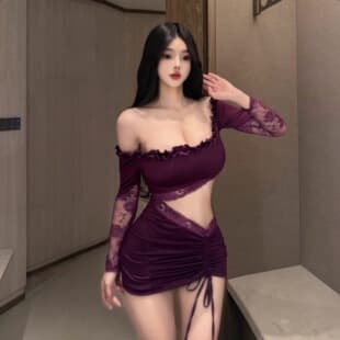 Sexy Lingerie Purple Mesh Sheer Long Sleeve Bodycon Dress Pure Desire Trendy Off-Shoulder Bodycon Dress