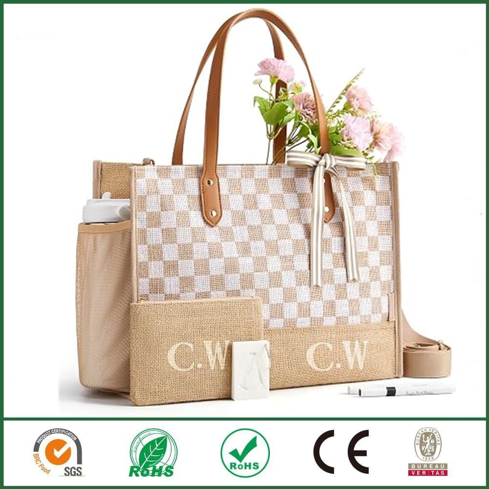 Personalized Tote Bag for Women Birthday Gift DIY Initial Linen Handbag for Mother Wife Teacher Friend