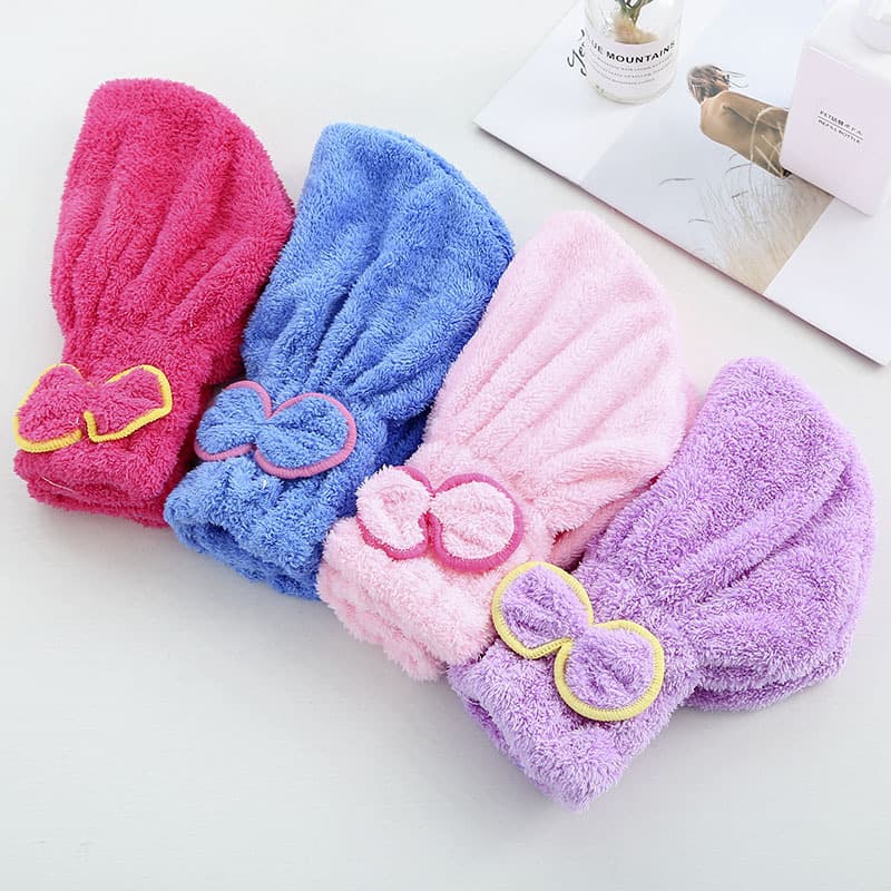 Coral Fleece Shower Cap for Adults, Soft and Absorbent Hair Towel, Thick Quick-Dry Head Wrap with Cute Bow Hair Drying Cap