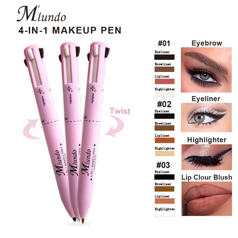 New Mlundo 4-in-1 Makeup Pen 4-in-1 Cosmetic Pen 4 Colors Lip Liner Highlighter Eyeliner 4in1 Eyebrow