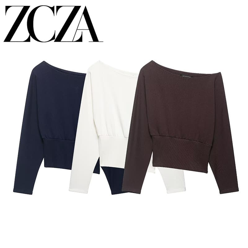 ZCZA self-made European and American style new women's clothing fashionable versatile asymmetrical multi-color inclined collar comfortable sweatshirt