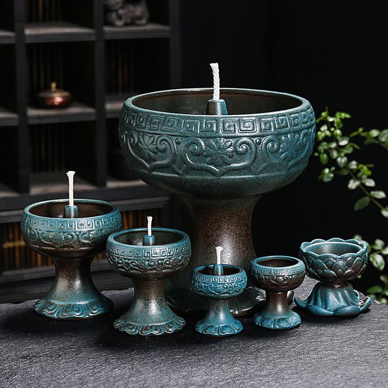 Ceramic Oil Lamp Buddhist Lamp Retro Candle Holder Liquid Butter Ever-bright Lamp Base Buddhist Lighting Temple Oil Lamp Custom Logo Printing