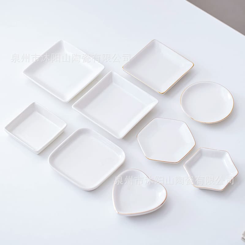 Simple European polygonal ceramic square round plate dessert hot pot dipping plate gold-painted white porcelain snack plate