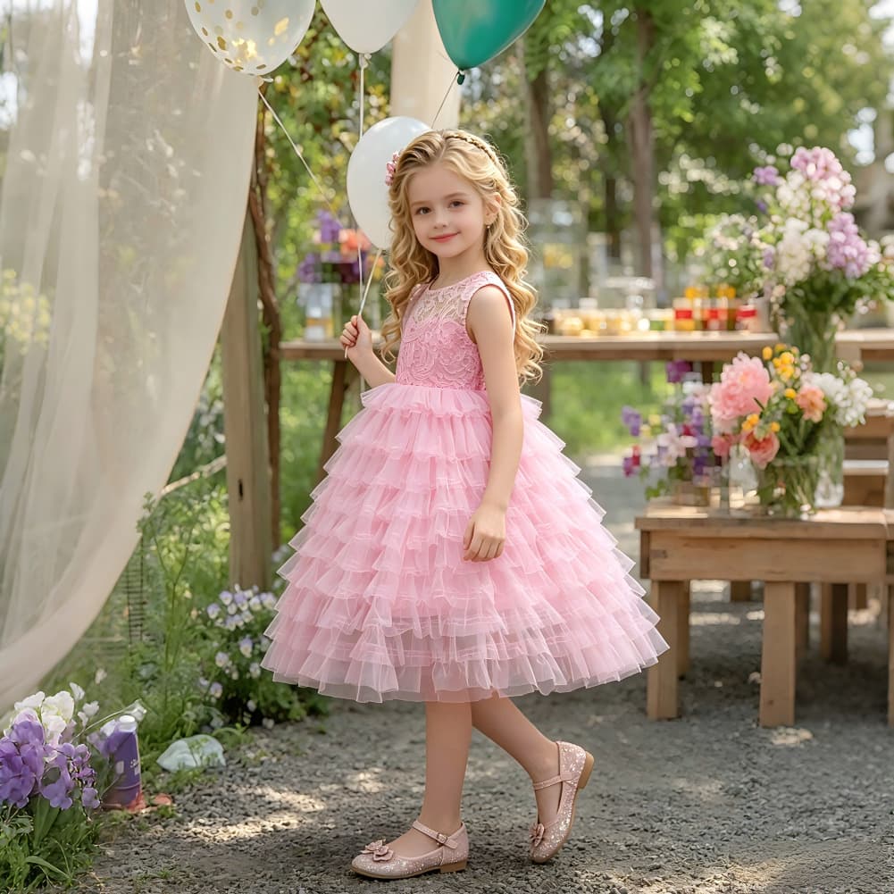 Little Girl Party Evening Dress, Girls Formal Dress Red 3-12 Flower Girl Dress, Children's Lace Mesh Princess Dress