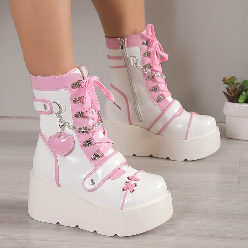 Punk Style Motorcycle Boots Thick Bottom Mid-Calf Women's Shoes Cute Spicy Girl Motorcycle Boots round Toe High Heel Rubber Sole