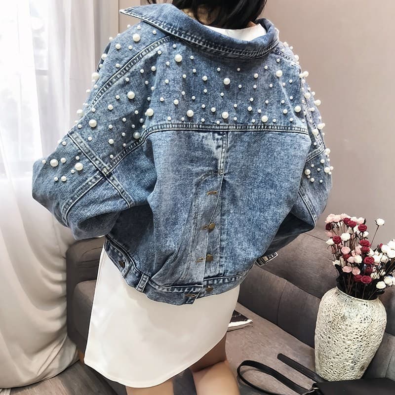 [In Stock] Heavy Beaded Short Denim Jacket for Women, Slim Fit Korean Style Open Hem Jacket, Loose Long Sleeve