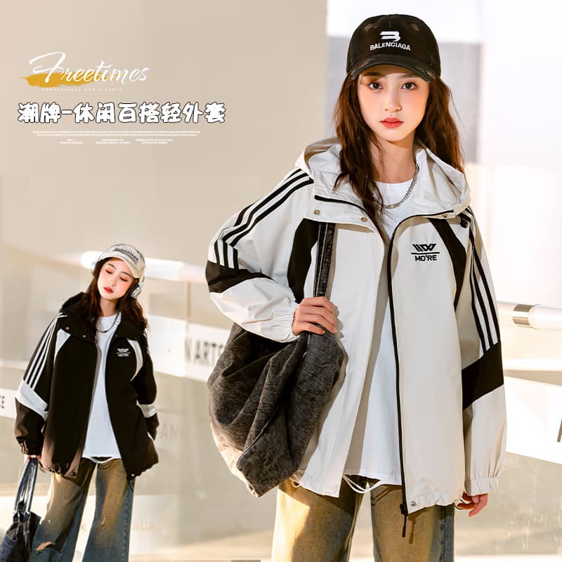 Girls' Hooded Windbreaker Jacket Spring 2024 Spring/Fall Loose Casual Trench Coat 12-Year-Old Big Girl Clothing