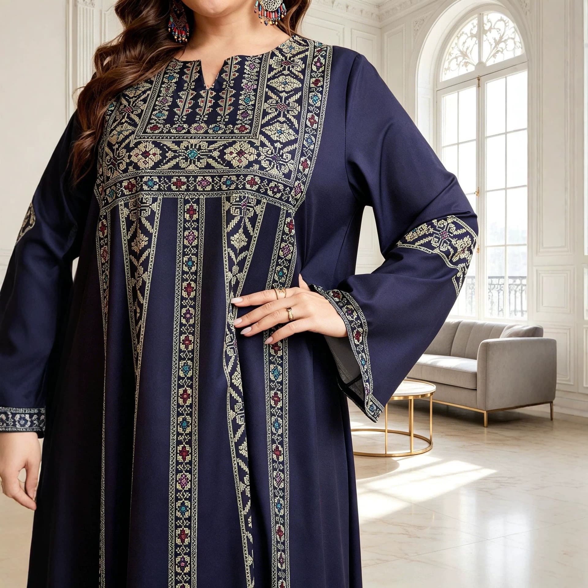 Cross-border Plus Size Women's Navy Blue Heavy Ethnic Print Long Robe Loose Flared Sleeve Banquet Dress
