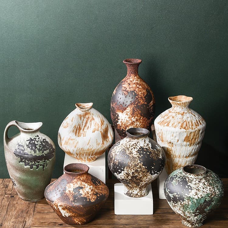 Wabi-Sabi Zen Style Decorative Coarse Pottery Vase, Jingdezhen Ceramic Vase, Mottled Retro Ceramic Old Concave Vase for Flower Arranging