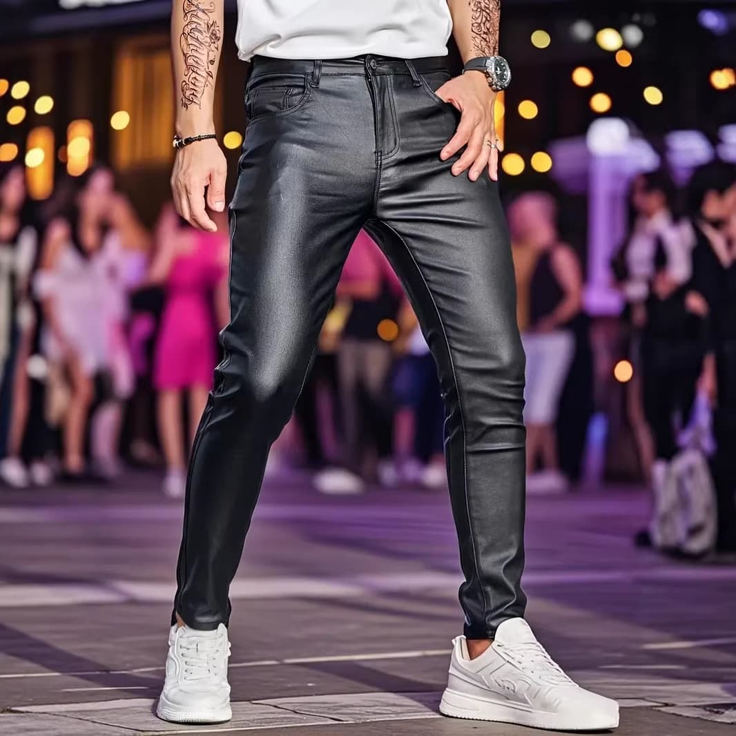 2025 new cross-border European and American solid color men's leather pants Korean version slim motorcycle PU leather trousers