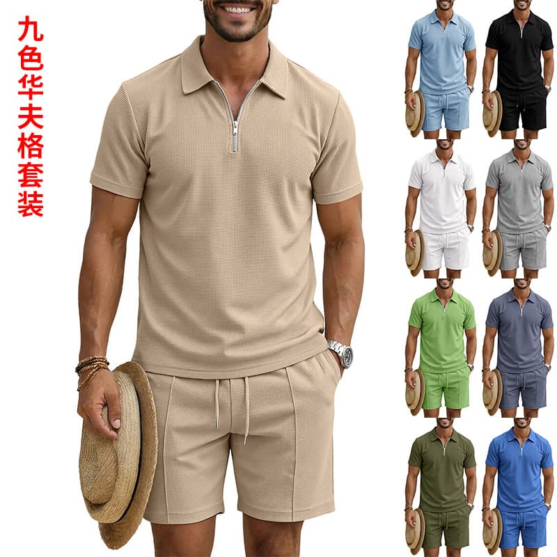 Cross-border Trade Amazon Summer Customizable Men's Waffle Polo Casual Loose Short Sleeve and Shorts Set Wholesale
