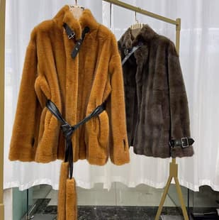 Premium 26 Autumn/Winter New Faux Fur and Leather Coat Simple Long Coat with Belt