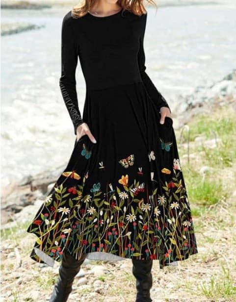 2022 Fall/Winter New Women's Round Neck Long Sleeve Printed Dress with Side Pockets for Independent Station