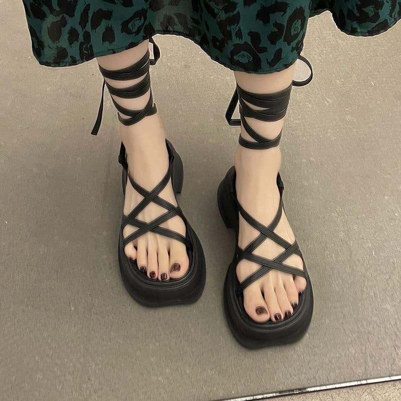 Fairy Style Evening Sandals for Women, Chunky Heel Height-Increasing Sandals, Summer Outdoor Wear 2026 Lace-Up Roman Shoes
