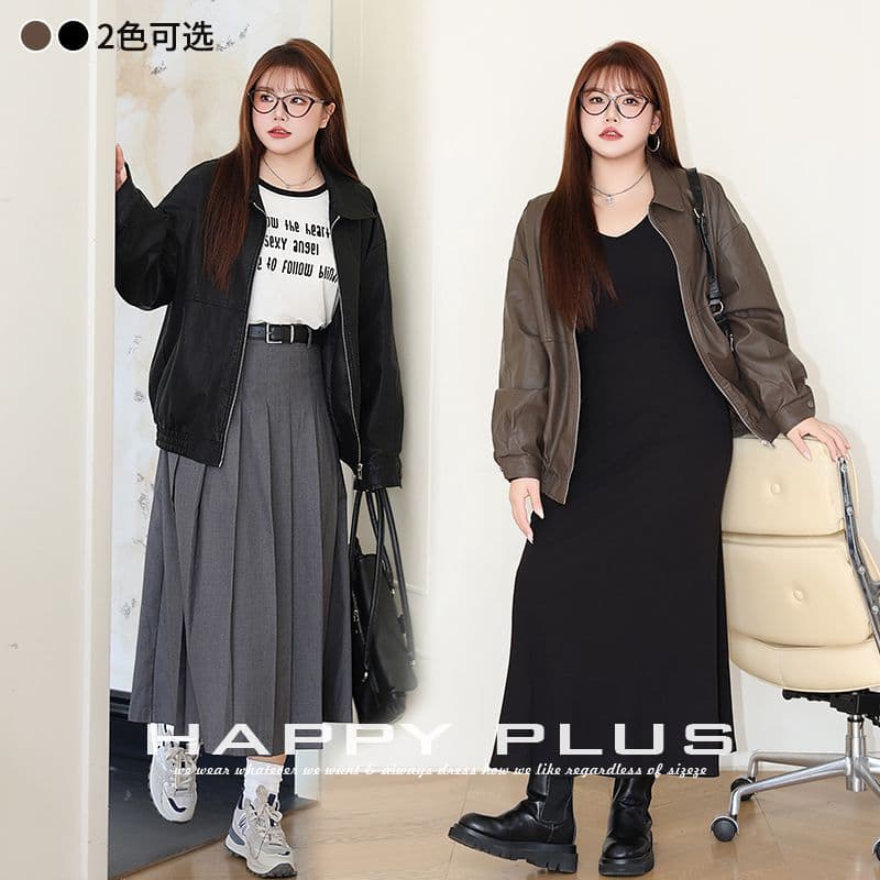Retro Loose Stylish Biker PU Leather Jacket Runqi N8805 Plus Size Casual Loose PU Leather Jacket Top