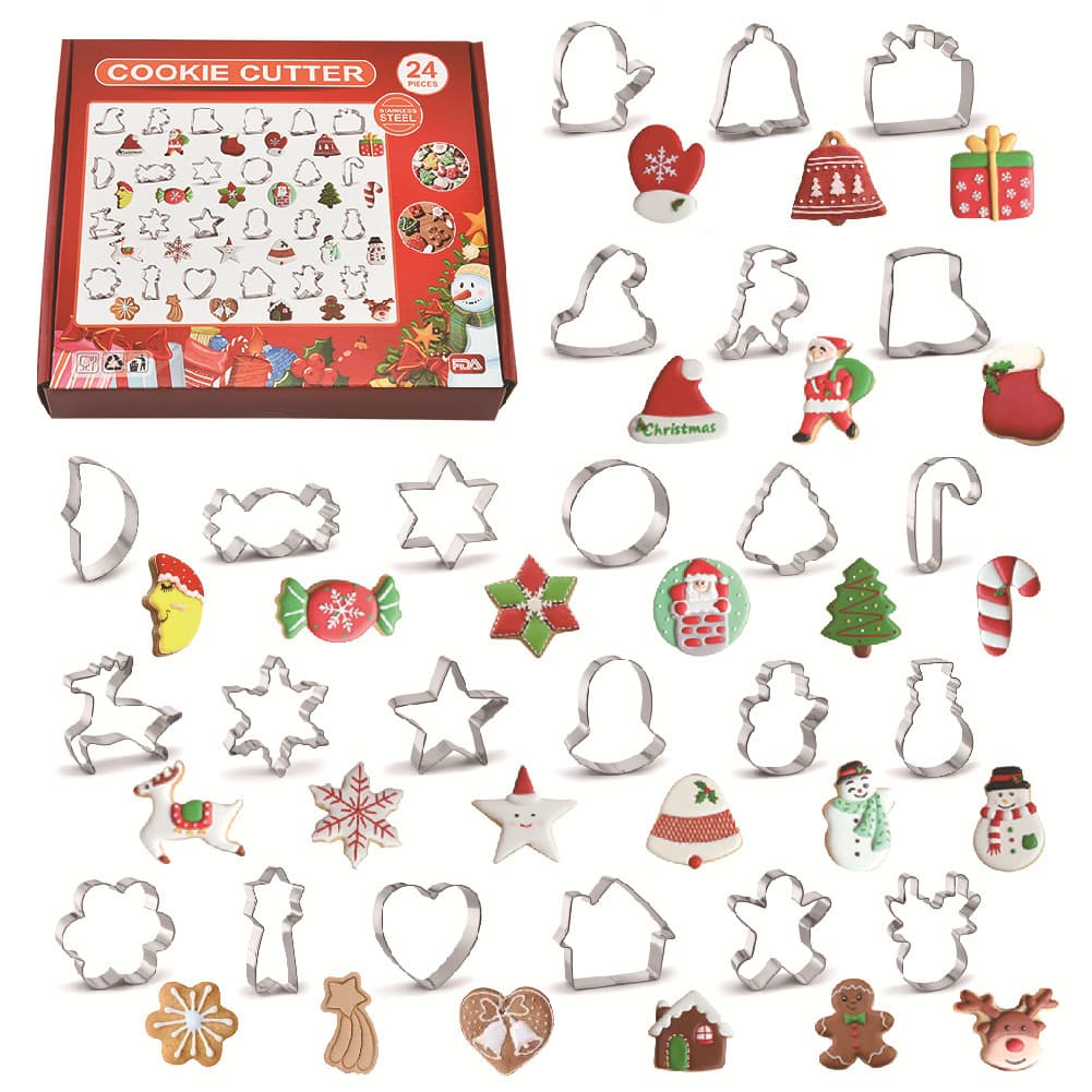 24-Piece Christmas Series Stainless Steel Cookie Mold Set for Home DIY Cookie Cutting, Heart-Shaped and Round Cake Molds