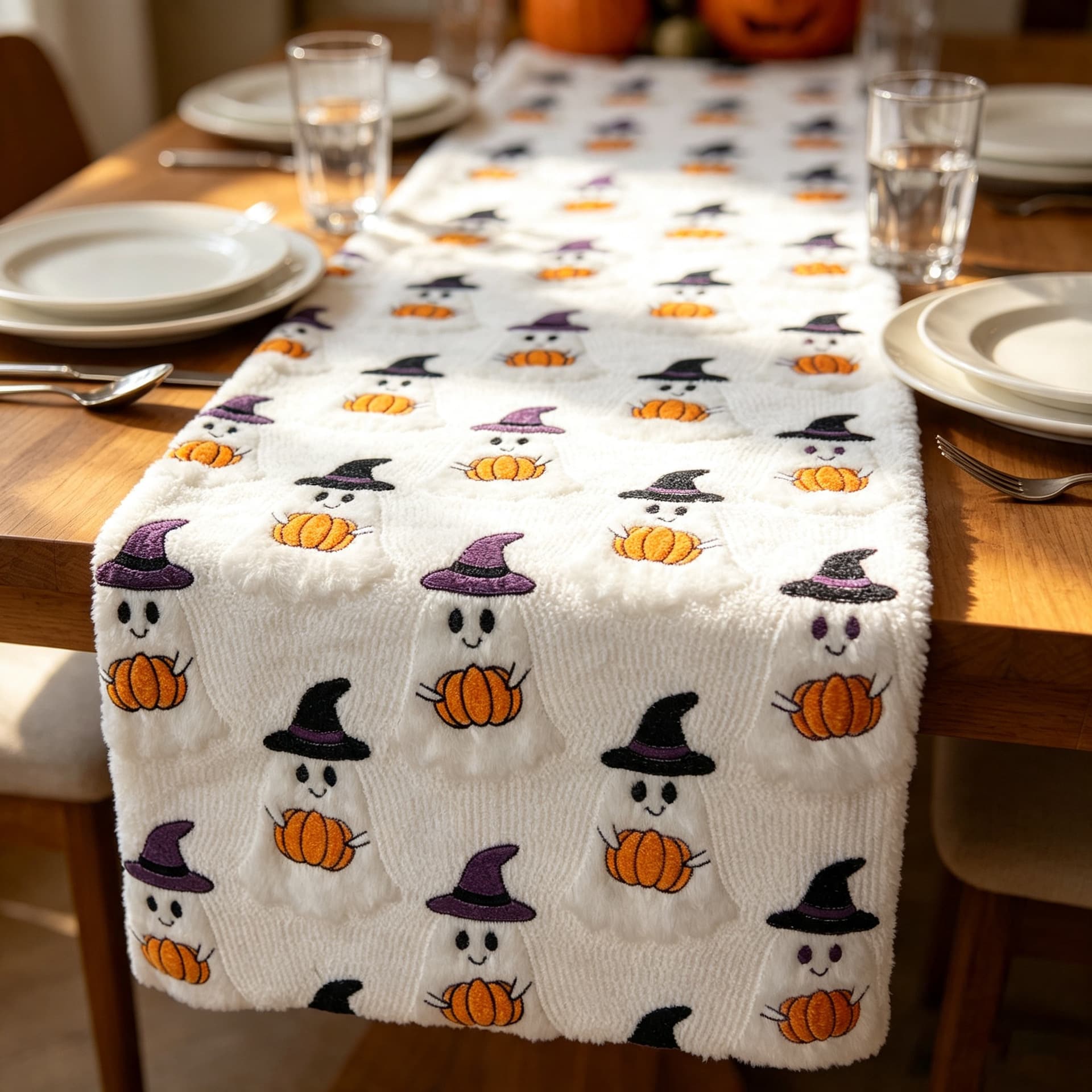 Pumpkin Ghost Table Runner 3D Embossed Rectangular Tablecloth Orange Table Decoration Placemat Party Decor Mat