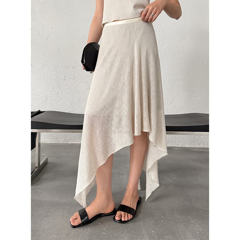 FONE Minimalist Off-White Hollow Knit Skirt for Women Summer Irregular Hem High-Waist Midi Skirt 88290